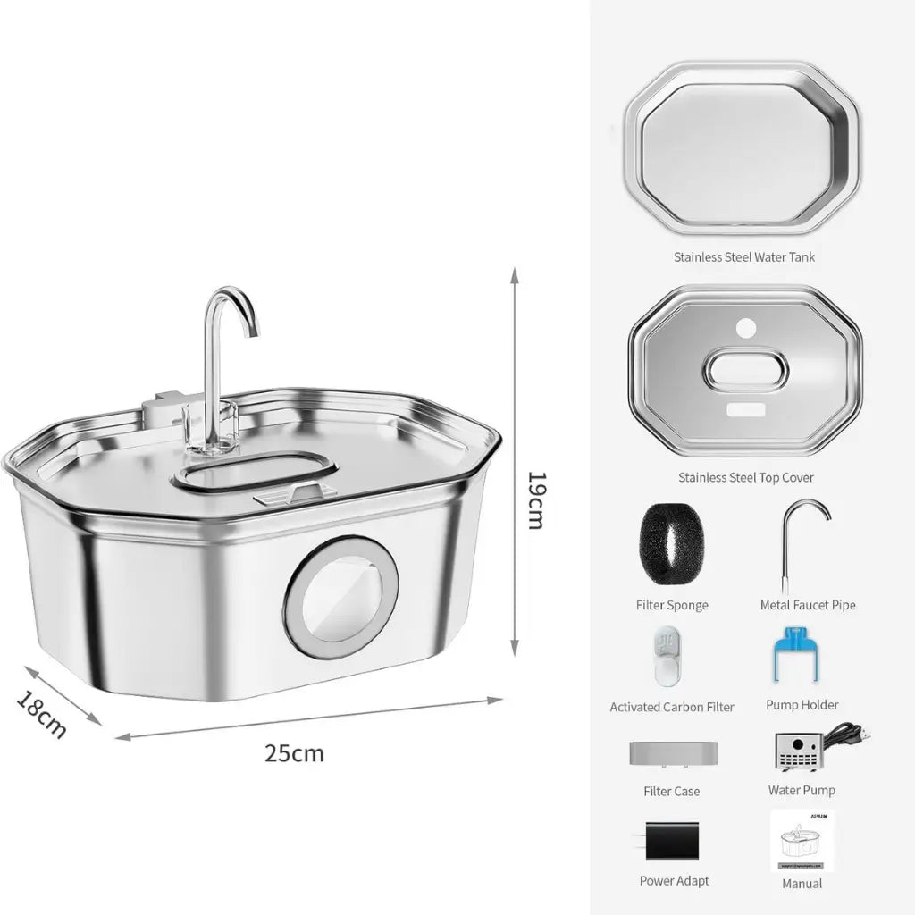 Stainless steel cat water fountain with dimensions and component illustrations on a white background