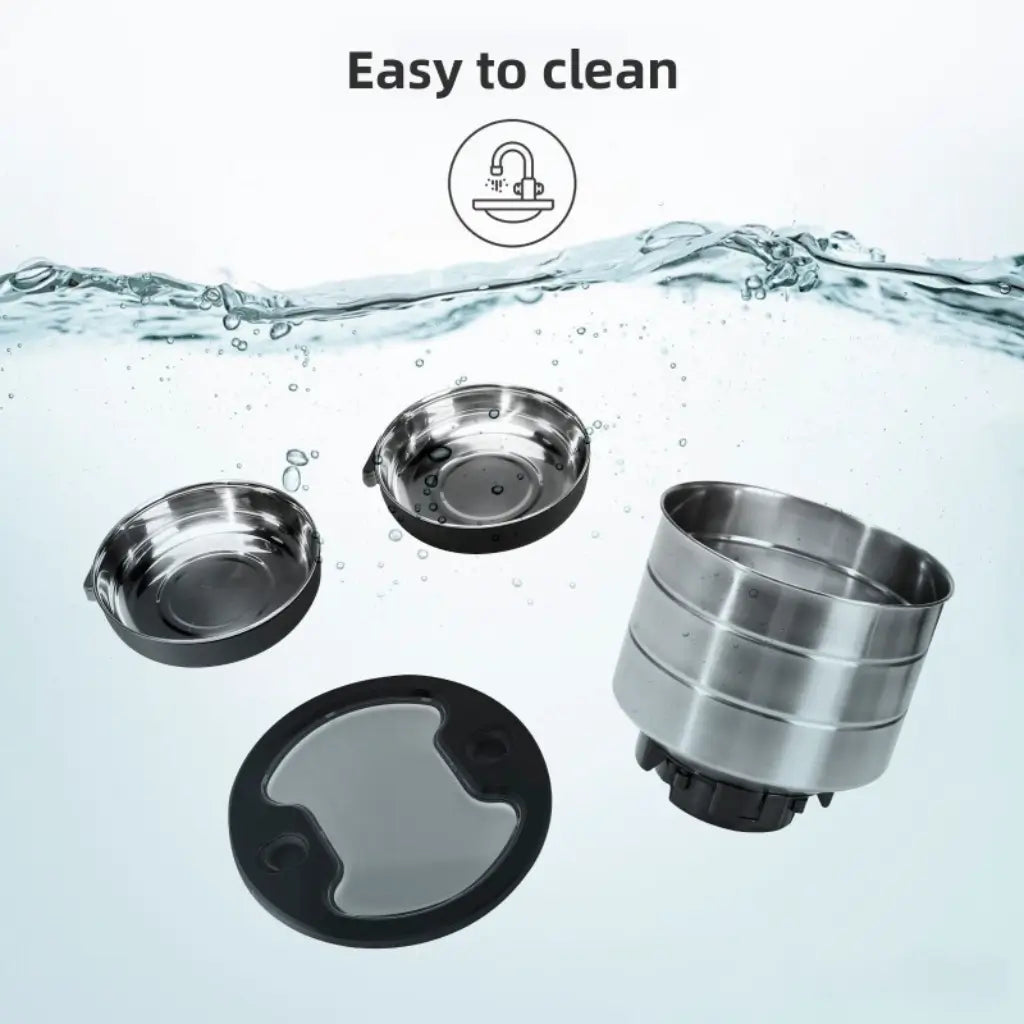 Stainless steel pet feeder with water splash and 'Easy to clean' text