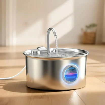 Stainless steel pet water fountain on a wooden floor with a blurred background