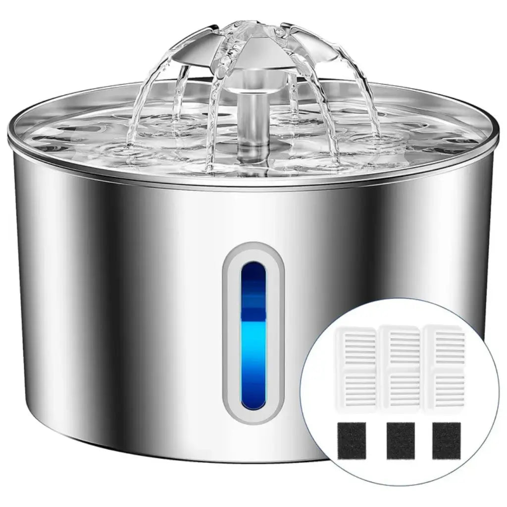 Stainless steel pet water fountain with filter cartridges on a white background
