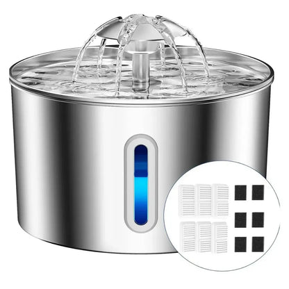 Stainless steel pet water fountain with 6 filters on a white background