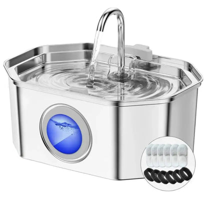Stainless steel pet water fountain with filter cartridges on a white background