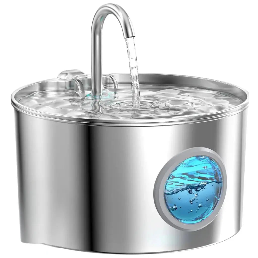 Stainless steel pet water fountain with water flowing out on a white background