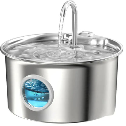 Stainless steel water fountain with water flowing