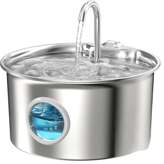 Stainless steel water fountain with water flowing