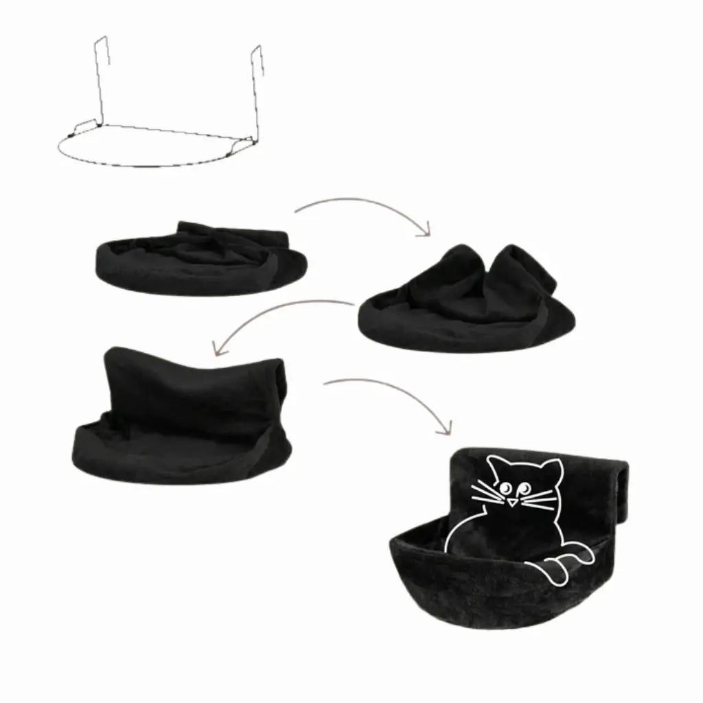 Step-by-step assembly of a black cat-shaped pet bed with white outline on a white background