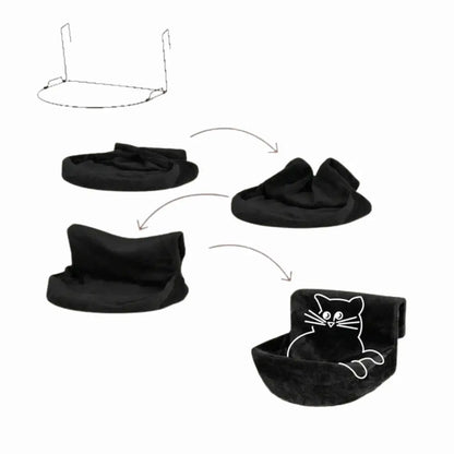 Step-by-step assembly of a black cat-shaped pet bed with white outline on a white background