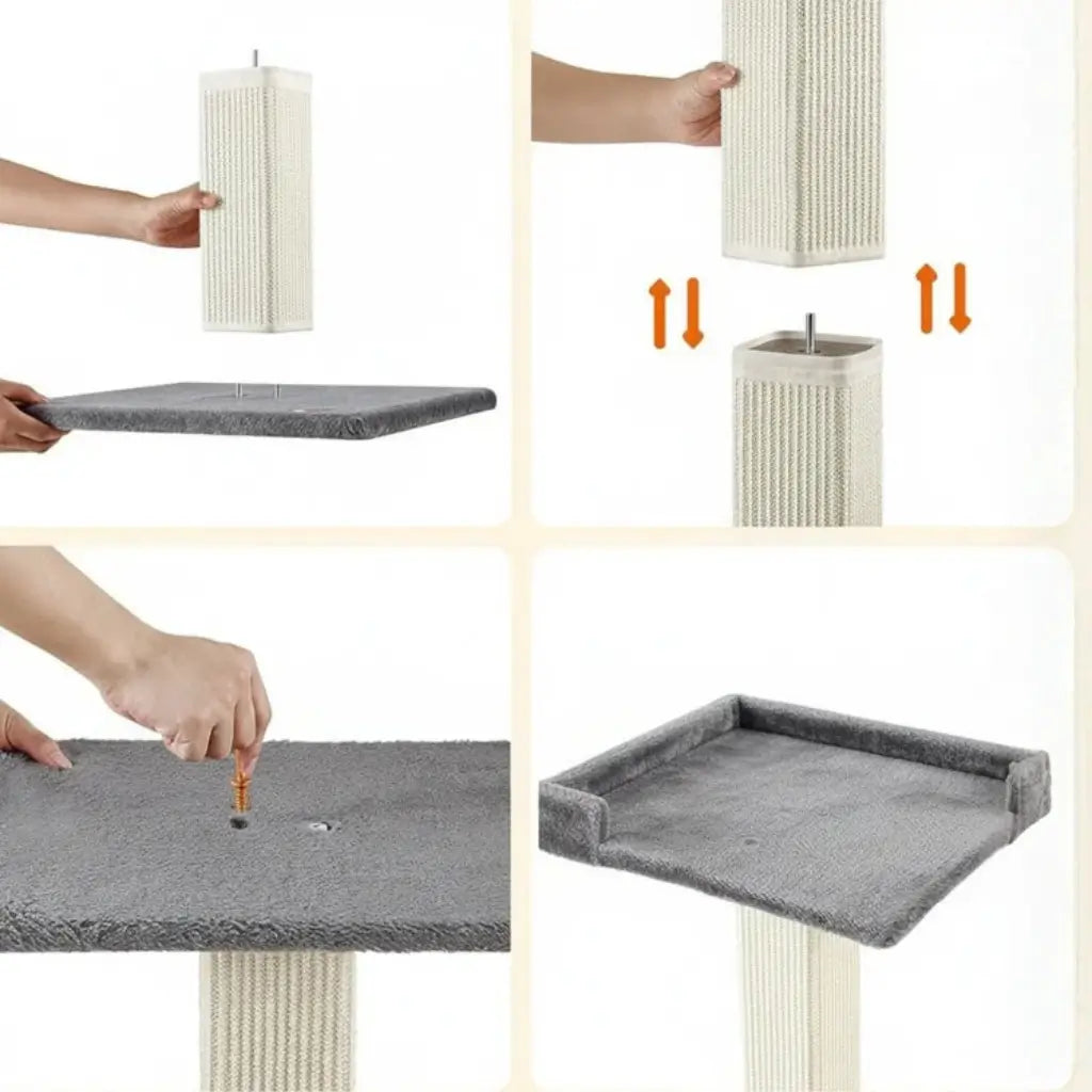 Step-by-step assembly of a gray pet tree with a white background