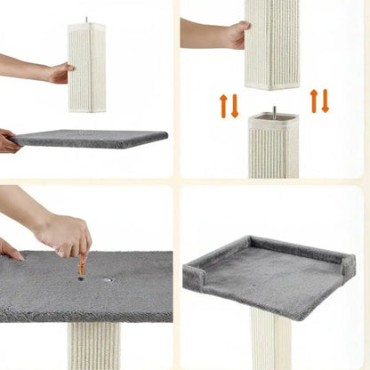 Step-by-step assembly of a gray pet tree with a white background