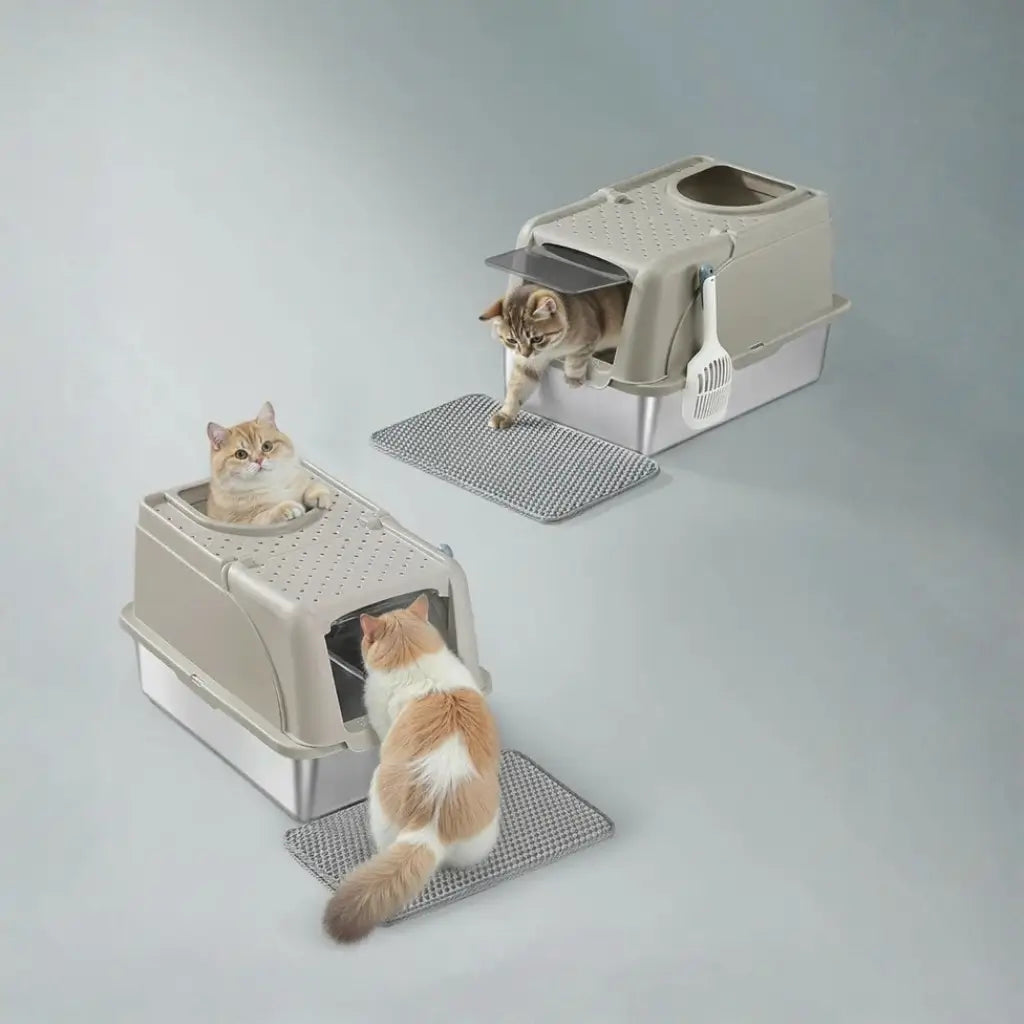 Three cats interacting with a cat litter box system on a light gray background