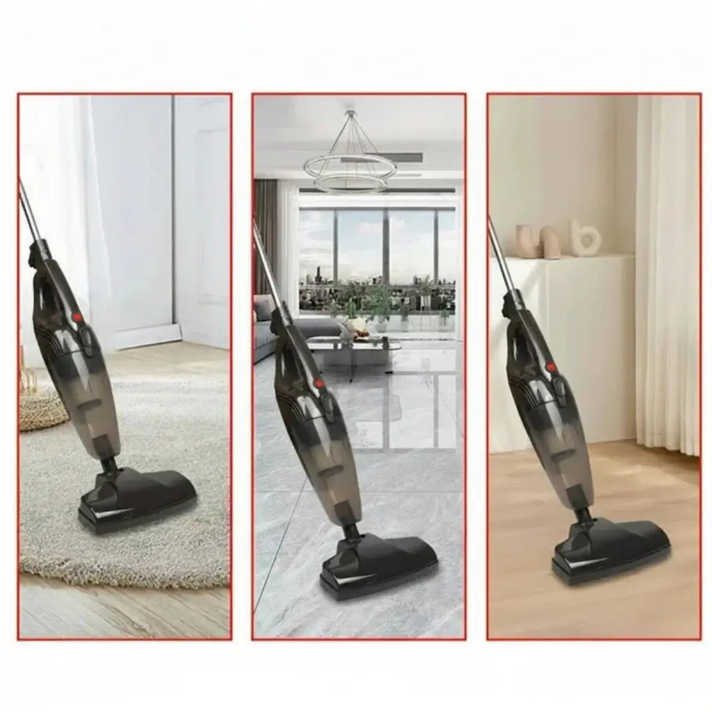 Three images of a handheld vacuum cleaner cleaning different types of flooring
