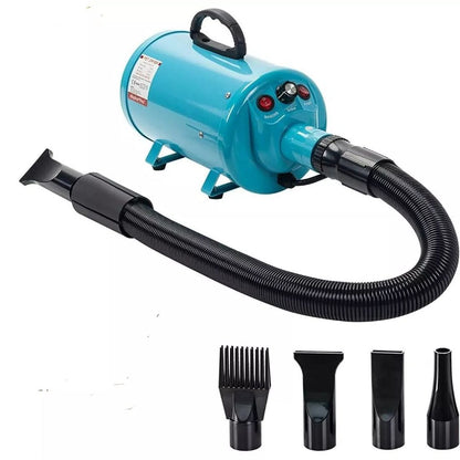 Turquoise hair dryer with black attachments on a white background