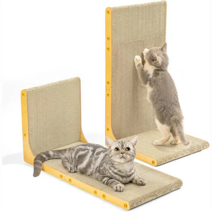 Two cat scratchers with a gray cat using one of them on a white background