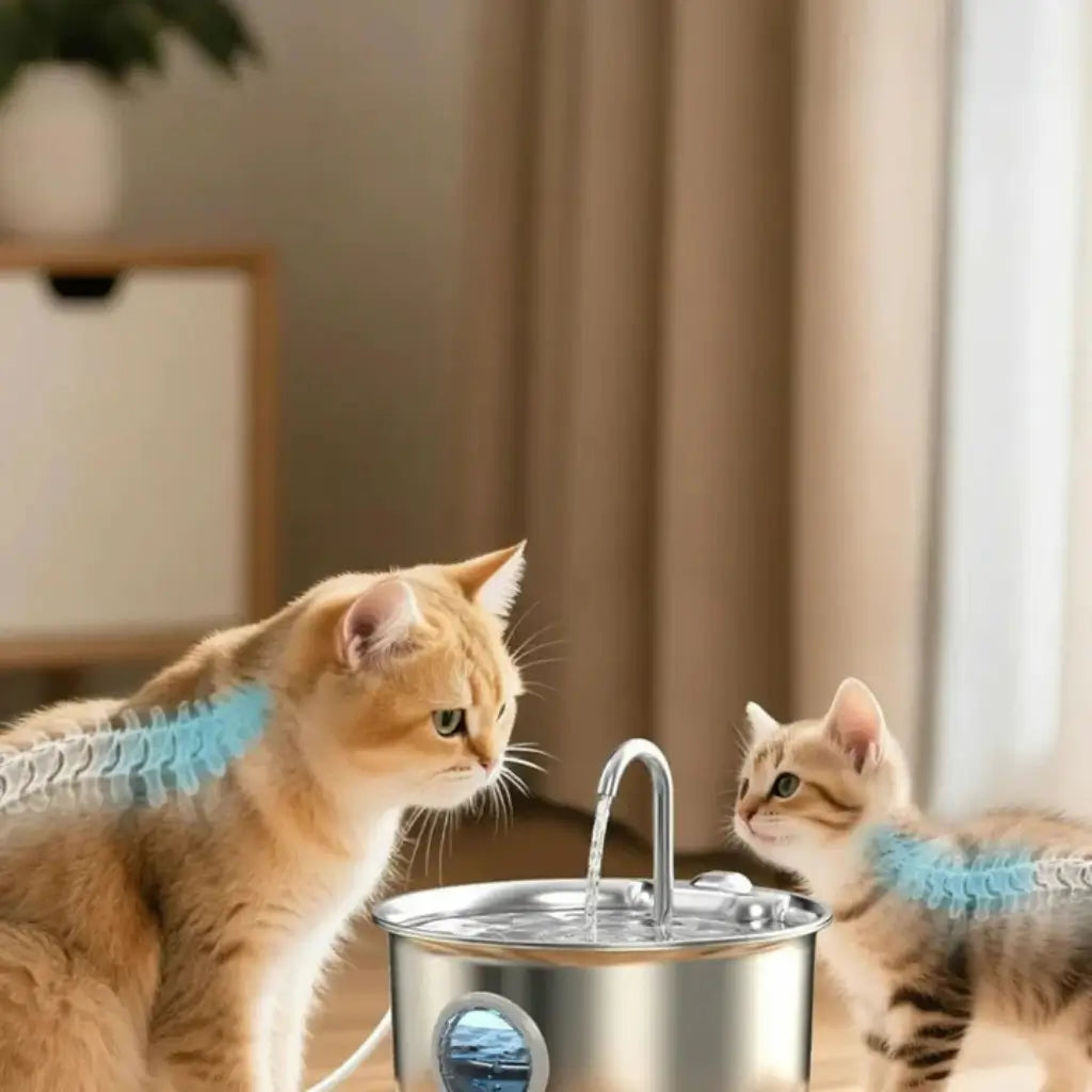 Two cats drinking water from a stainless steel fountain indoors