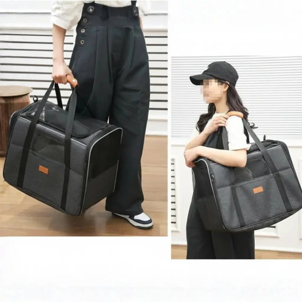 Two images of a person holding a black pet carrier