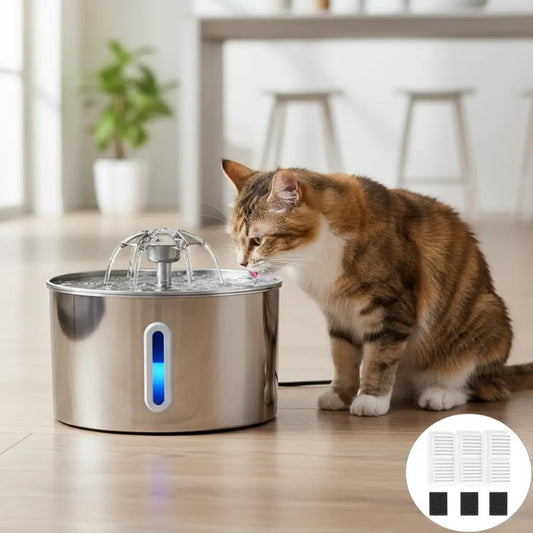 Flower Cat Water Fountain 2.2L – 304 Stainless Steel, LED Light & Triple Filtration