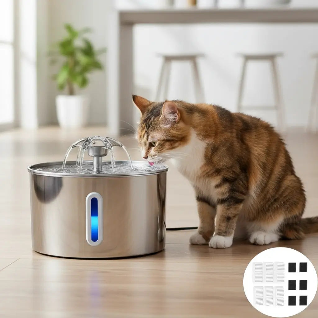 Flower Cat Water Fountain 2.2L – 304 Stainless Steel, LED Light & Triple Filtration