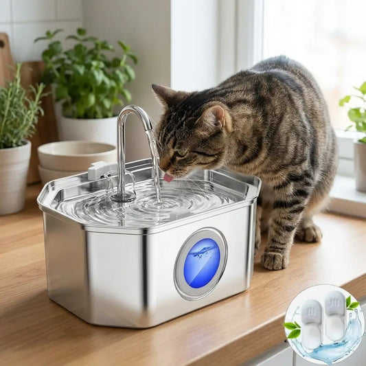 Large Automatic Cat Water Fountain 3.2L – Stainless Steel with Water Level Window