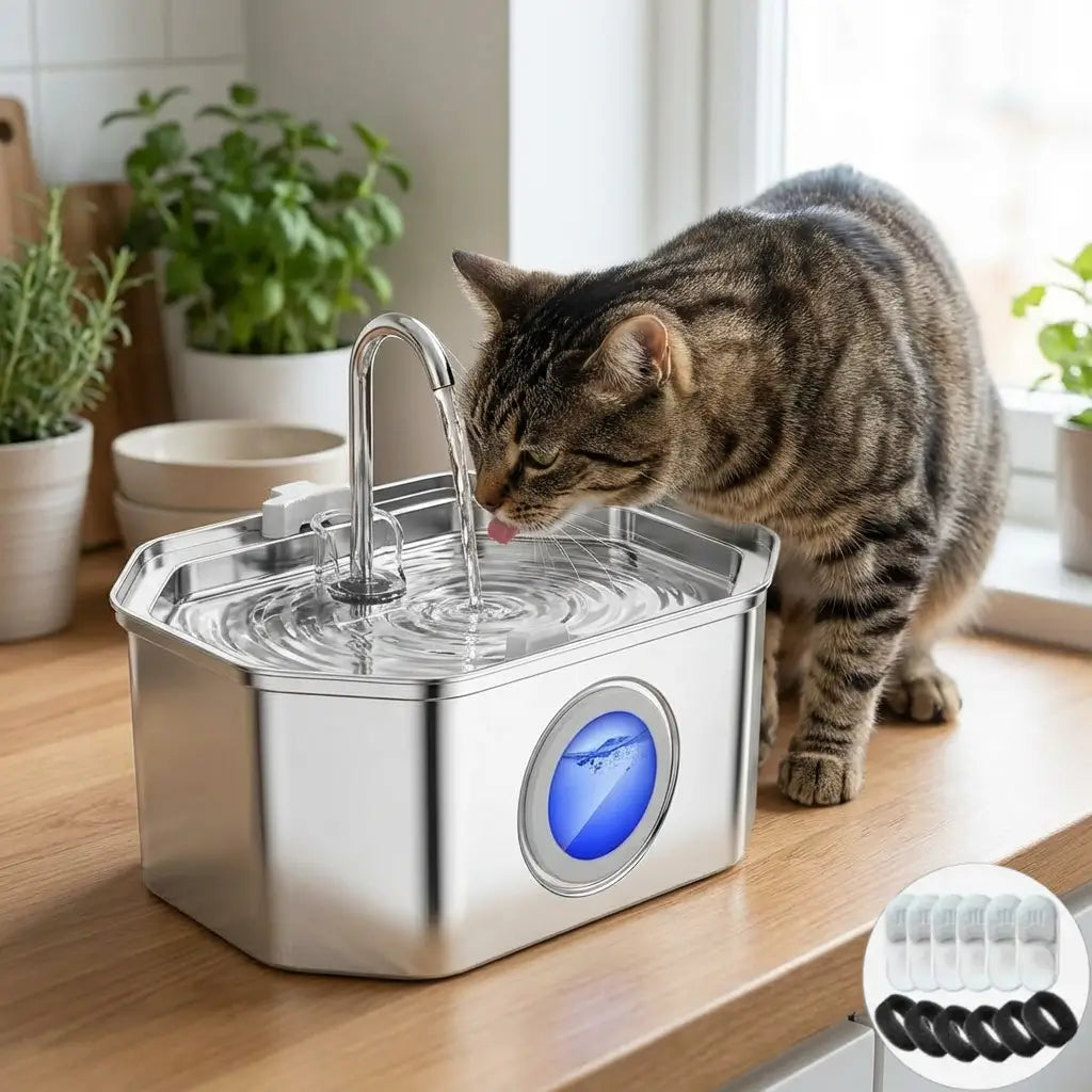 Large Automatic Cat Water Fountain 3.2L – Stainless Steel with Water Level Window