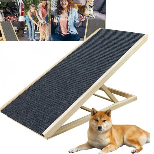 Adjustable Height Foldable Pet Ramp - Non-Slip Wooden Ramp for Car, Bed & Sofa