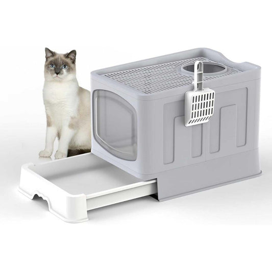 Large Cat Litter Box with Slide-Out Tray & Scoop - Open & Foldable Options