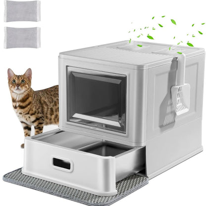 Enclosed Stainless Steel Cat Litter Box with Slide-Out Drawer & Odor Control