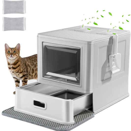 Enclosed Stainless Steel Cat Litter Box with Slide-Out Drawer & Odor Control