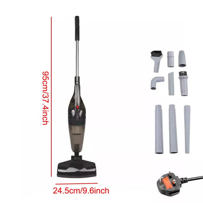 Vacuum cleaner with attachments and measurement details on a white background