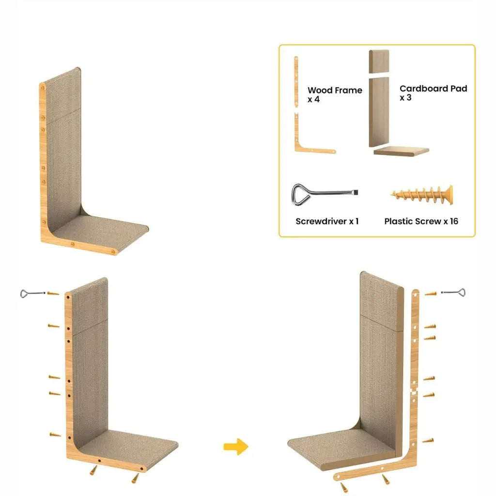 Wall-mounted pet shelf with assembly instructions and components on a white background
