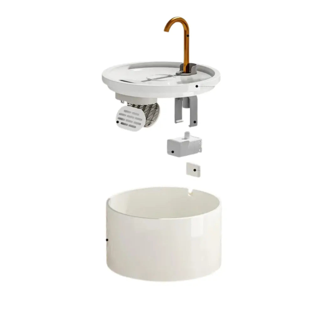 White ceramic cat fountain with components on a white background