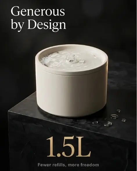 White water fountain with water on a dark background, labeled 'Generous by Design' and '1.5L'.