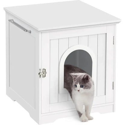 White wooden cat litter box with a cat peeking out