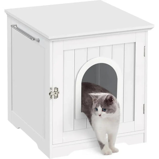 White wooden cat litter box with a cat peeking out