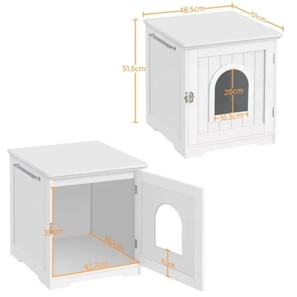 White wooden cat litter box with dimensions indicated on a white background