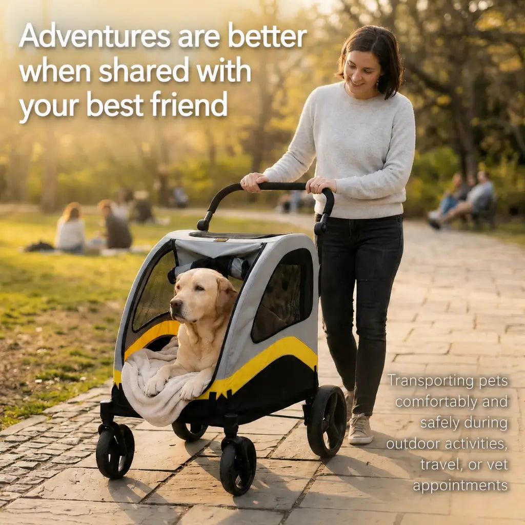 Woman pushing a pet stroller with a dog in it, walking on a path in a park.