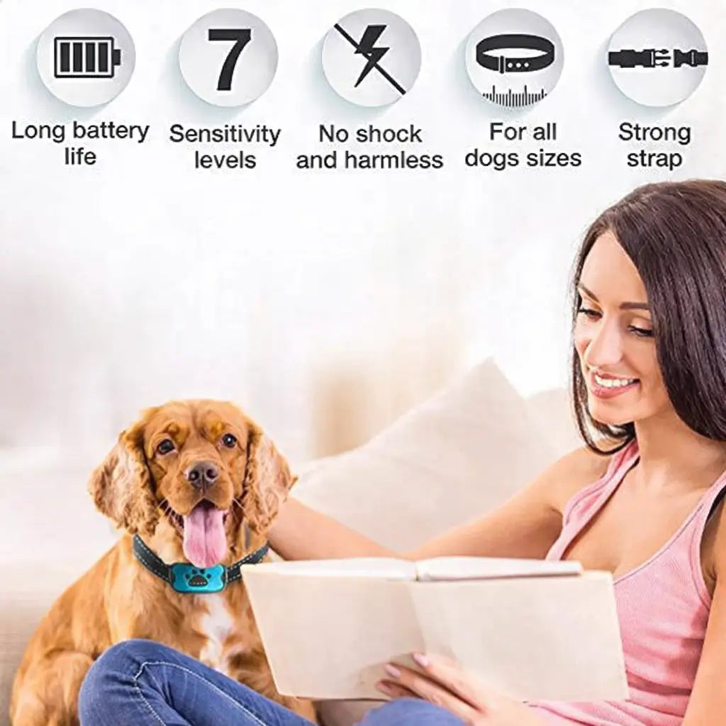 Woman sitting on a couch with a dog wearing a collar, surrounded by icons and text about the product's features