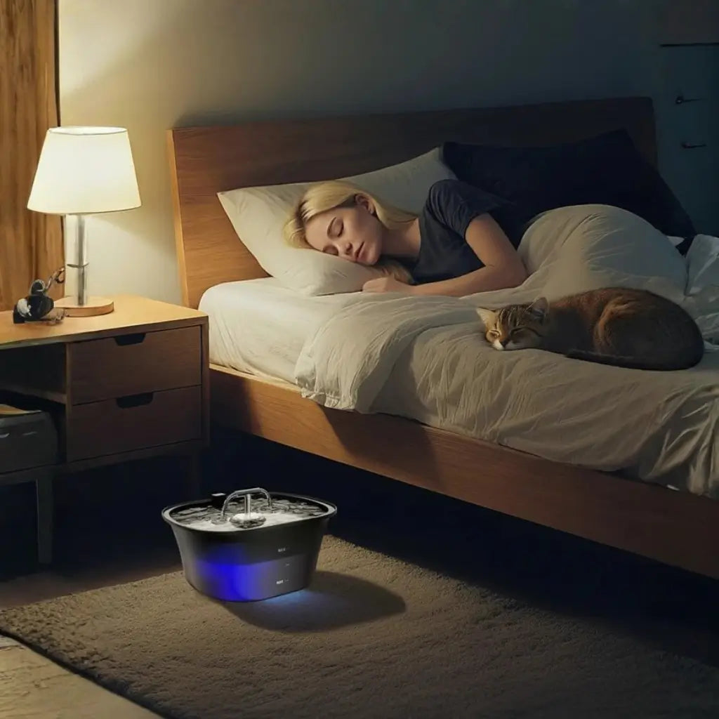 Woman sleeping in bed with a cat, illuminated by a small lamp with a cat water fountain working silently on the ground
