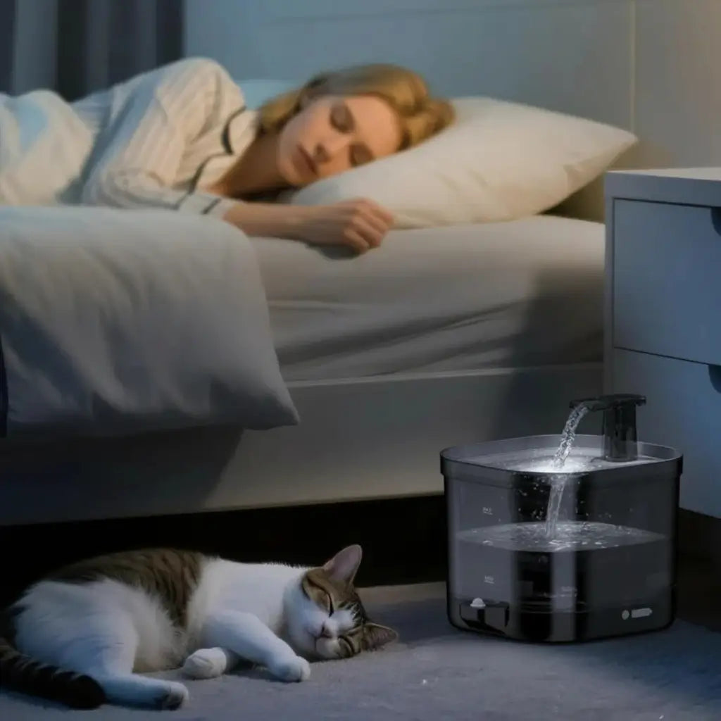 Woman sleeping in bed with a cat lying next to a pet water fountain pouring water