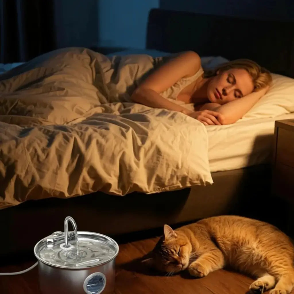Woman sleeping in bed with a cat next to a stainless water dispenser on the floor
