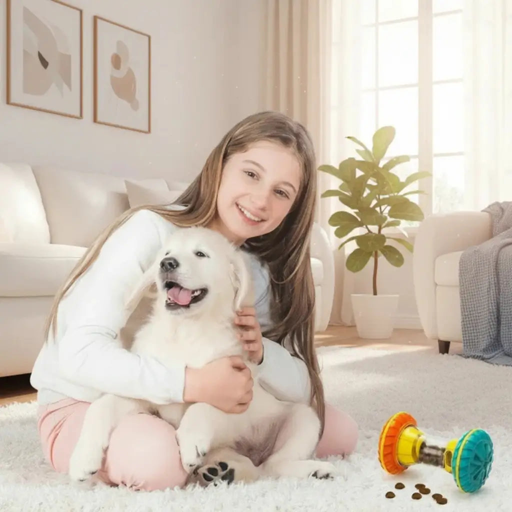 Young girl holding a white dog in a living room with a toy and treats on the floor