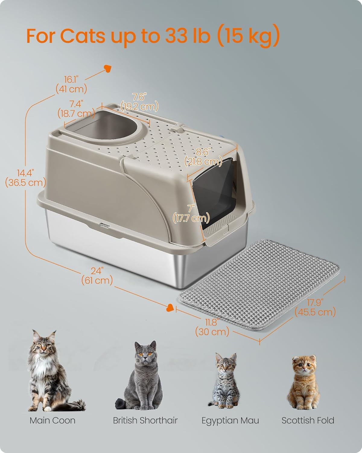 Stainless Steel Cat Litter Box with Flip Lid, XL Enclosed Litter Box with Leak-Proof Design, Scoop, Brush, Dual Entry, for Cats up to 15 kg, Cappuccino Beige PPT005K01