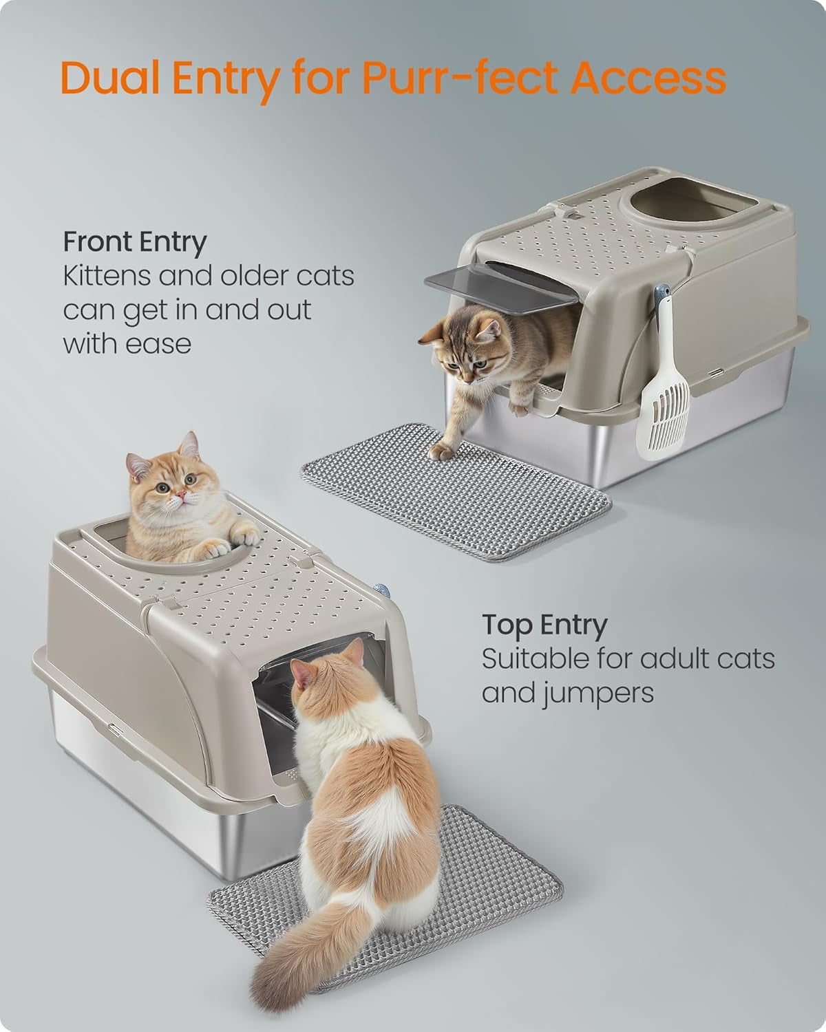 Stainless Steel Cat Litter Box with Flip Lid, XL Enclosed Litter Box with Leak-Proof Design, Scoop, Brush, Dual Entry, for Cats up to 15 kg, Cappuccino Beige PPT005K01