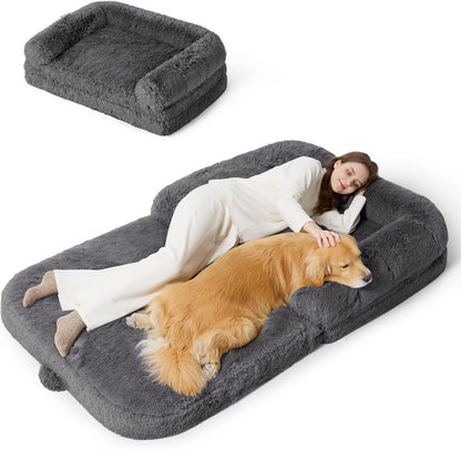 Human Dog Bed for Adults - 2 in 1 Foldable Human Sized Giant Dog Bed Fits Pet Families with Egg Foam Supportive Mat and Waterproof Liner, Faux Fur Orthopedic Dog Sofa, 180x104cm, Dark Grey