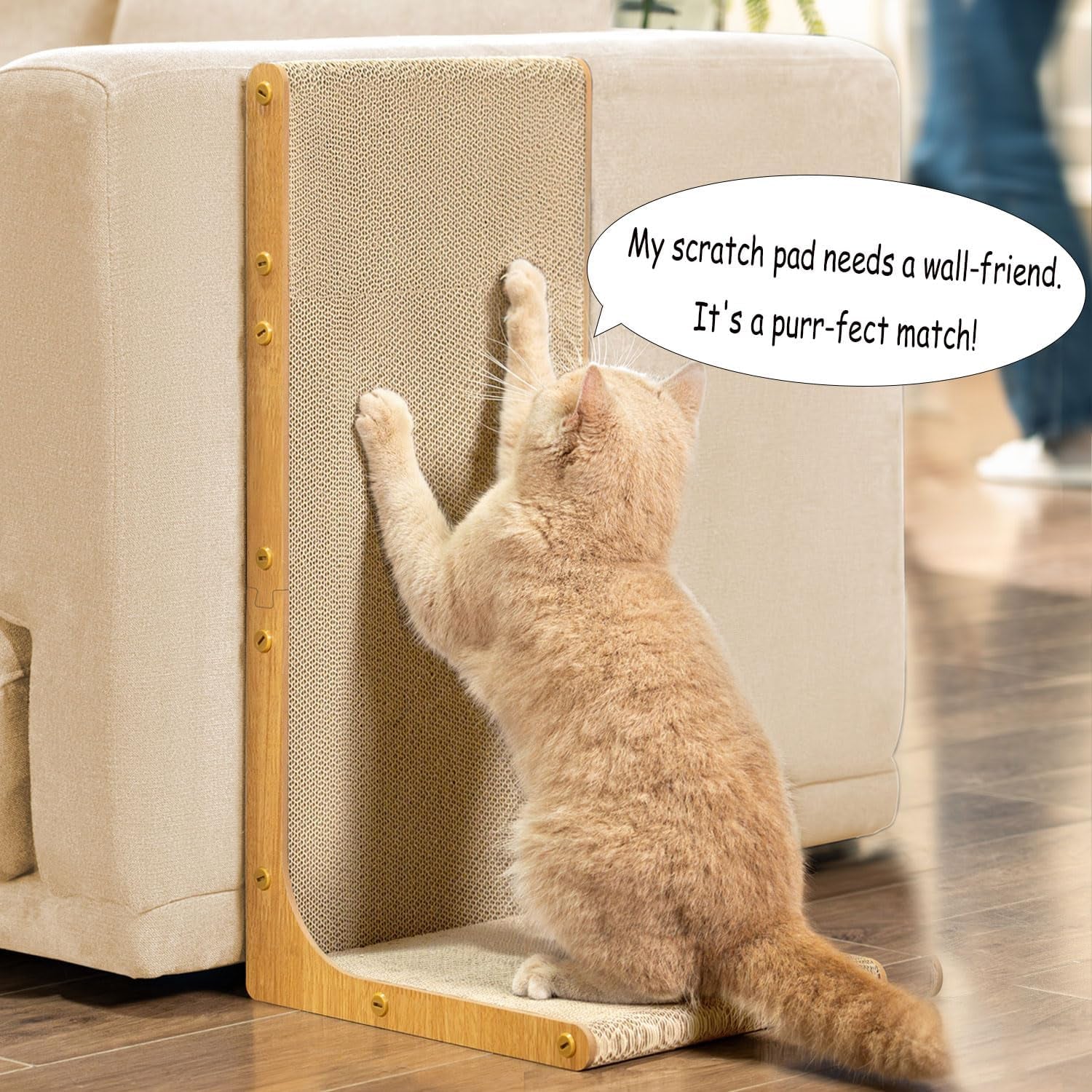 Cardboard Cat Scratcher,58 cm L Shape Scratch Pad Wall Mounted,Vertical Scratching Post Durable Cardboard to Protect Furniture for Indoor Cats,Wood Grain Large