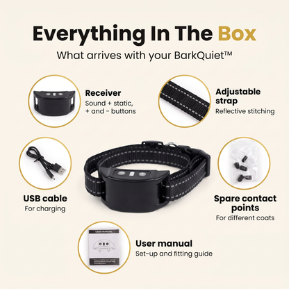 What is in the box: BarkQuiet receiver, adjustable reflective strap, USB charging cable, spare contact points and user manual