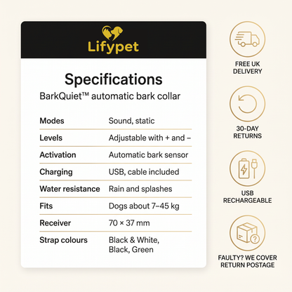BarkQuiet specifications: sound and static modes, adjustable levels, automatic bark sensor, USB charging, rain resistant, fits 7-45 kg dogs, receiver 70 x 37 mm