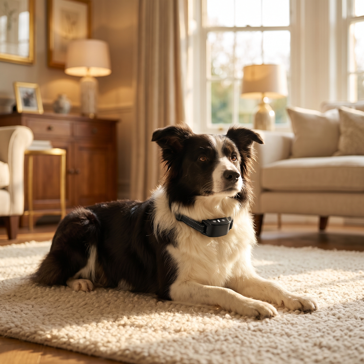 Border collie resting at home wearing the BarkQuiet anti bark collar