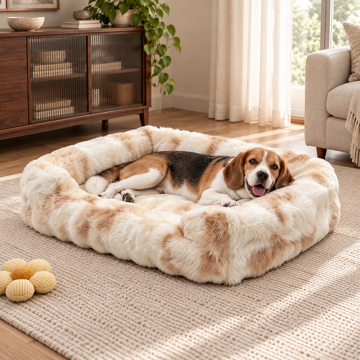 Beagle lying in the Ivory Cream fluffy dog sofa bed with marbled faux fur and raised bolsters