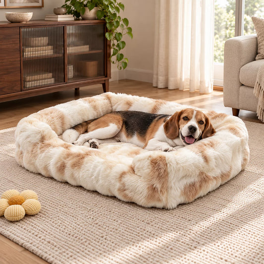 Beagle lying in the Ivory Cream fluffy dog sofa bed with marbled faux fur and raised bolsters