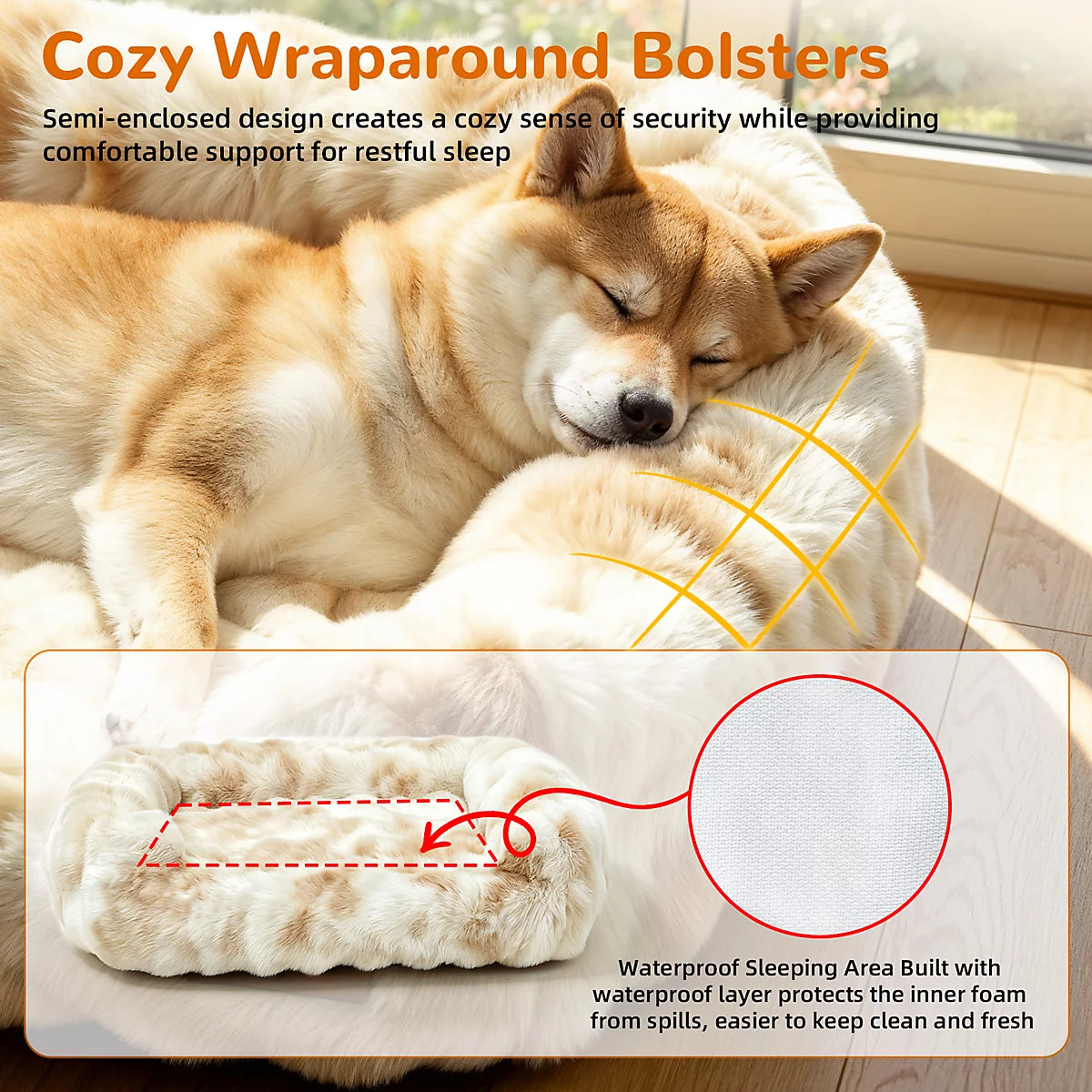 Wraparound bolsters and waterproof inner layer of the Ivory Cream dog sofa bed